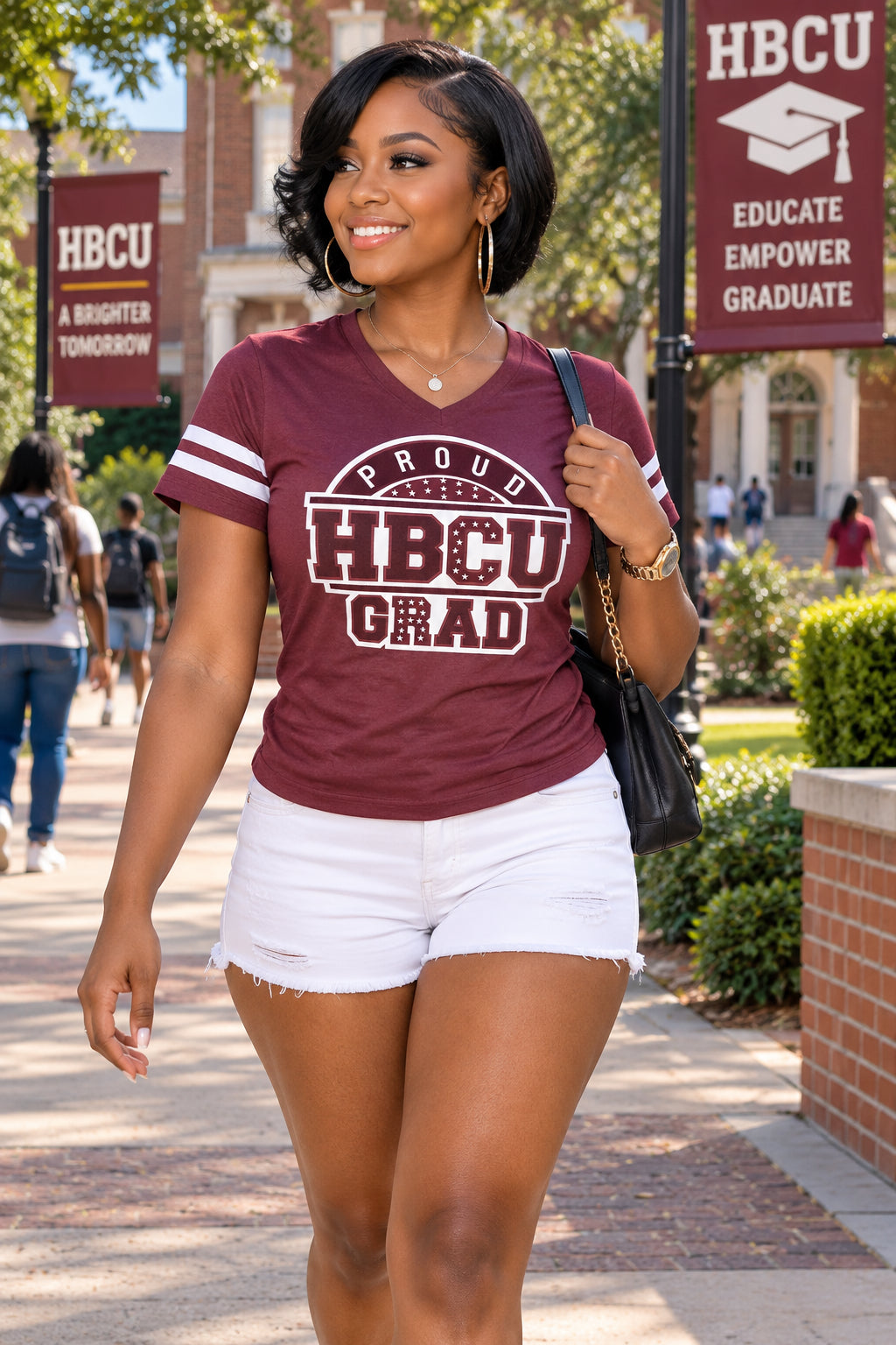 Women's PROUD HBCU GRAD Football Maroon &amp; White V-Neck Fine Chenille Jersey Tee