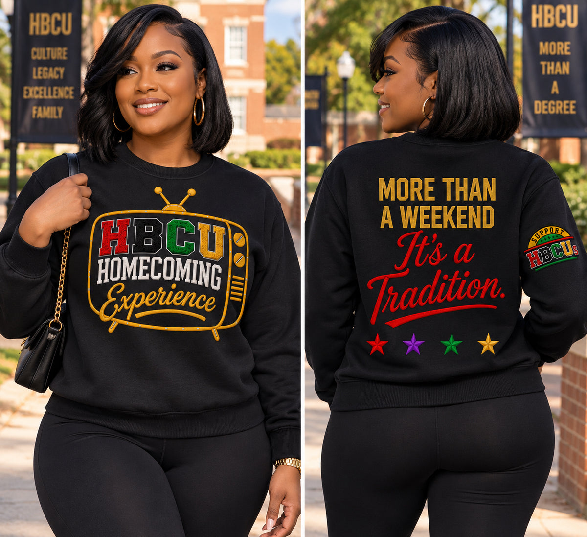 HBCU HOMECOMING EXPERIENCE | SUPPORT HBCUs EMBROIDERED BLACK SWEATSHIRT