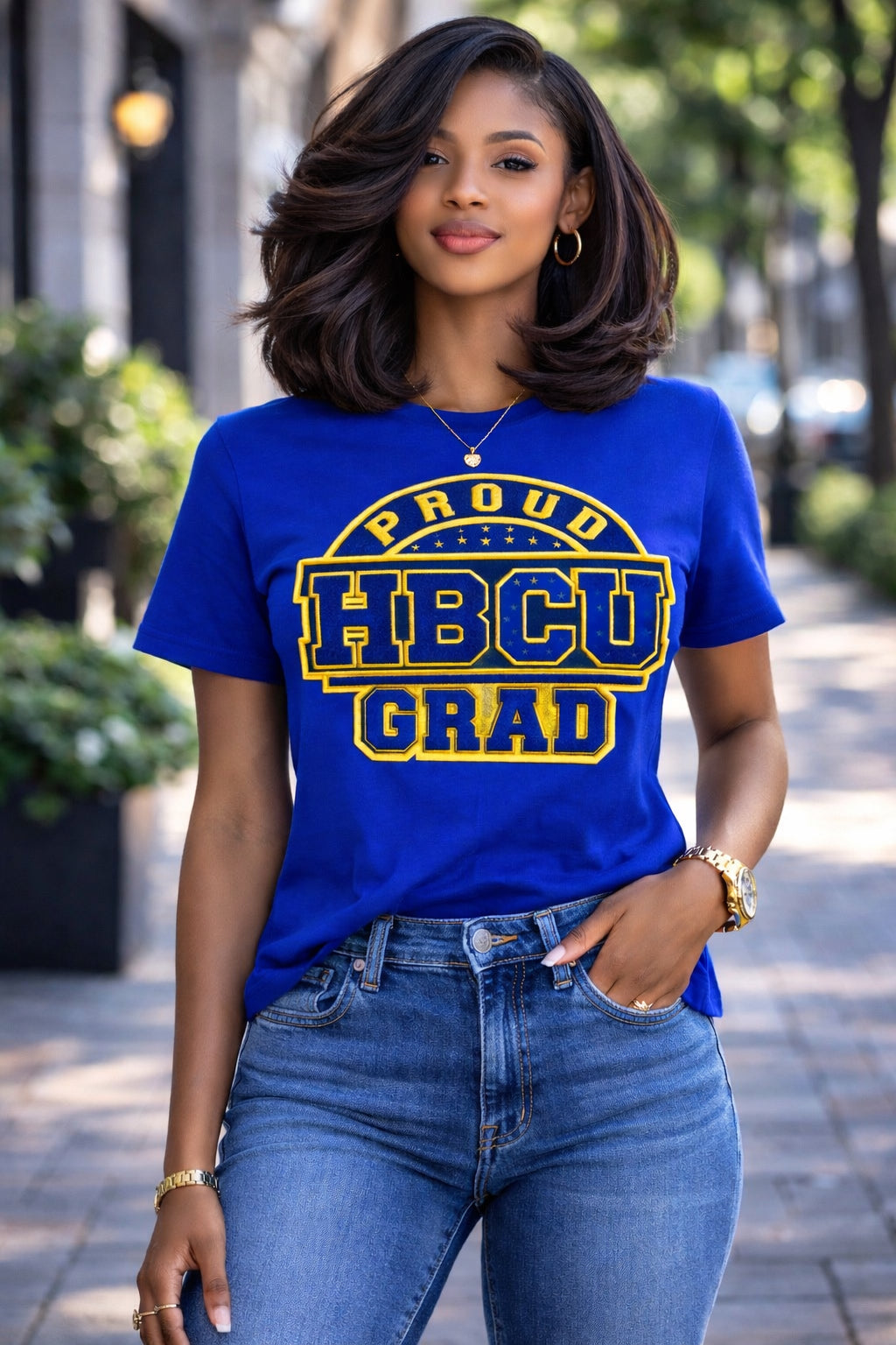 PREMIUM BLUE &amp; GOLD PROUD HBCU GRAD CHENILLE TEE