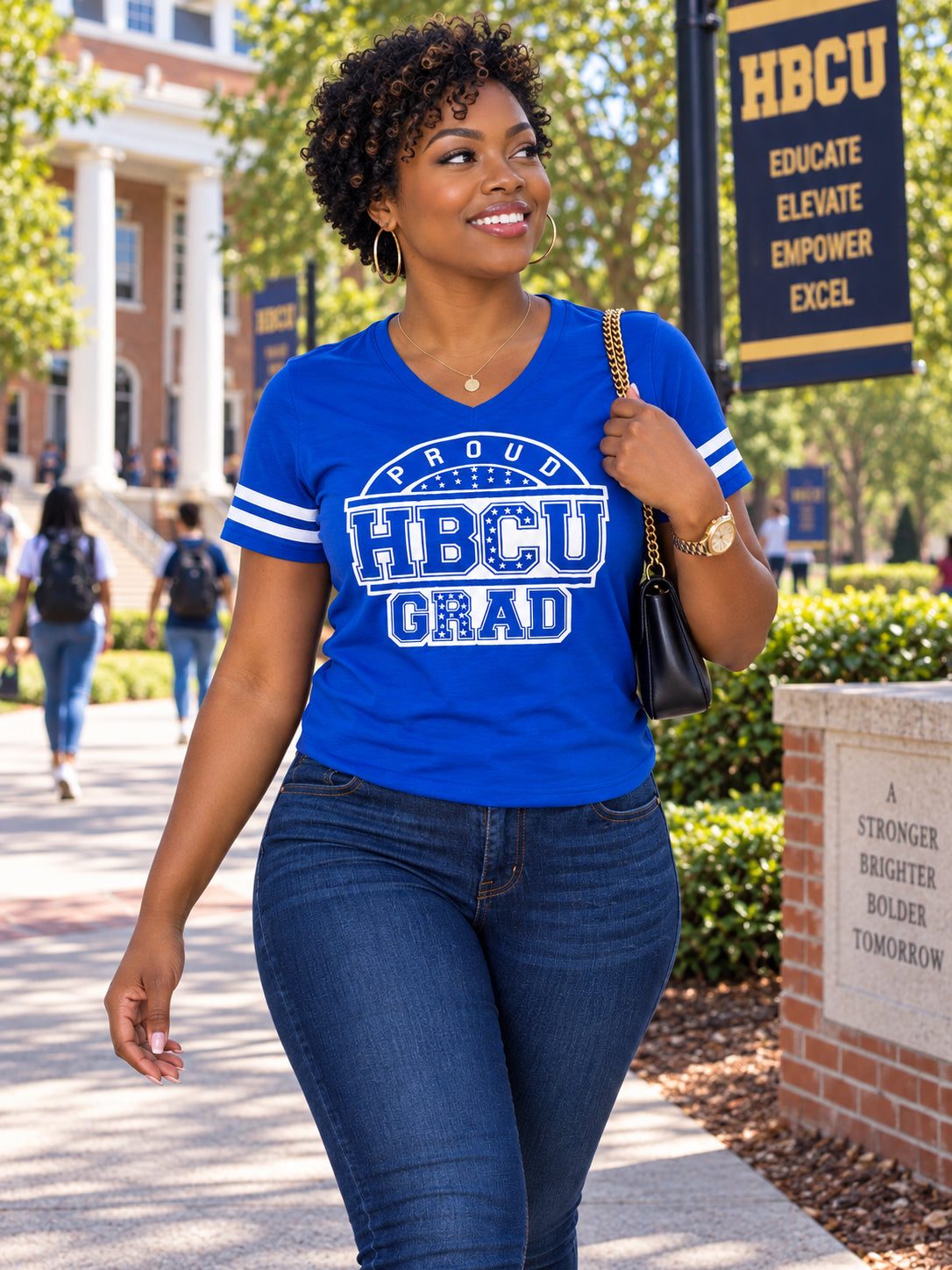 Women's Blue &amp; White PROUD HBCU GRAD Football V-Neck Fine Chenille Jersey Tee