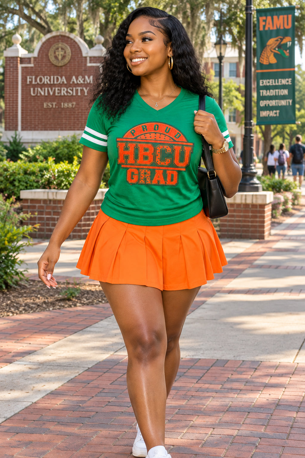 Women's Football Green &amp; Orange V-Neck Fine Jersey Chenille FAMU Inspired Tee