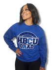 "Collegiate-inspired Proud HBCU Grad sweater in royal blue with a royal blue and white hand-stitched chenille patch."