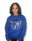 "Collegiate-inspired Proud HBCU Grad sweater in royal blue with a royal blue and white hand-stitched chenille patch."