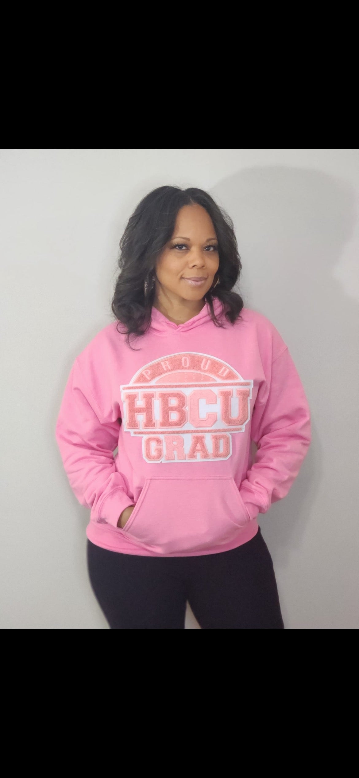 PINK WITH PINK &amp; WHITE PROUD HBCU GRAD  HOODIE