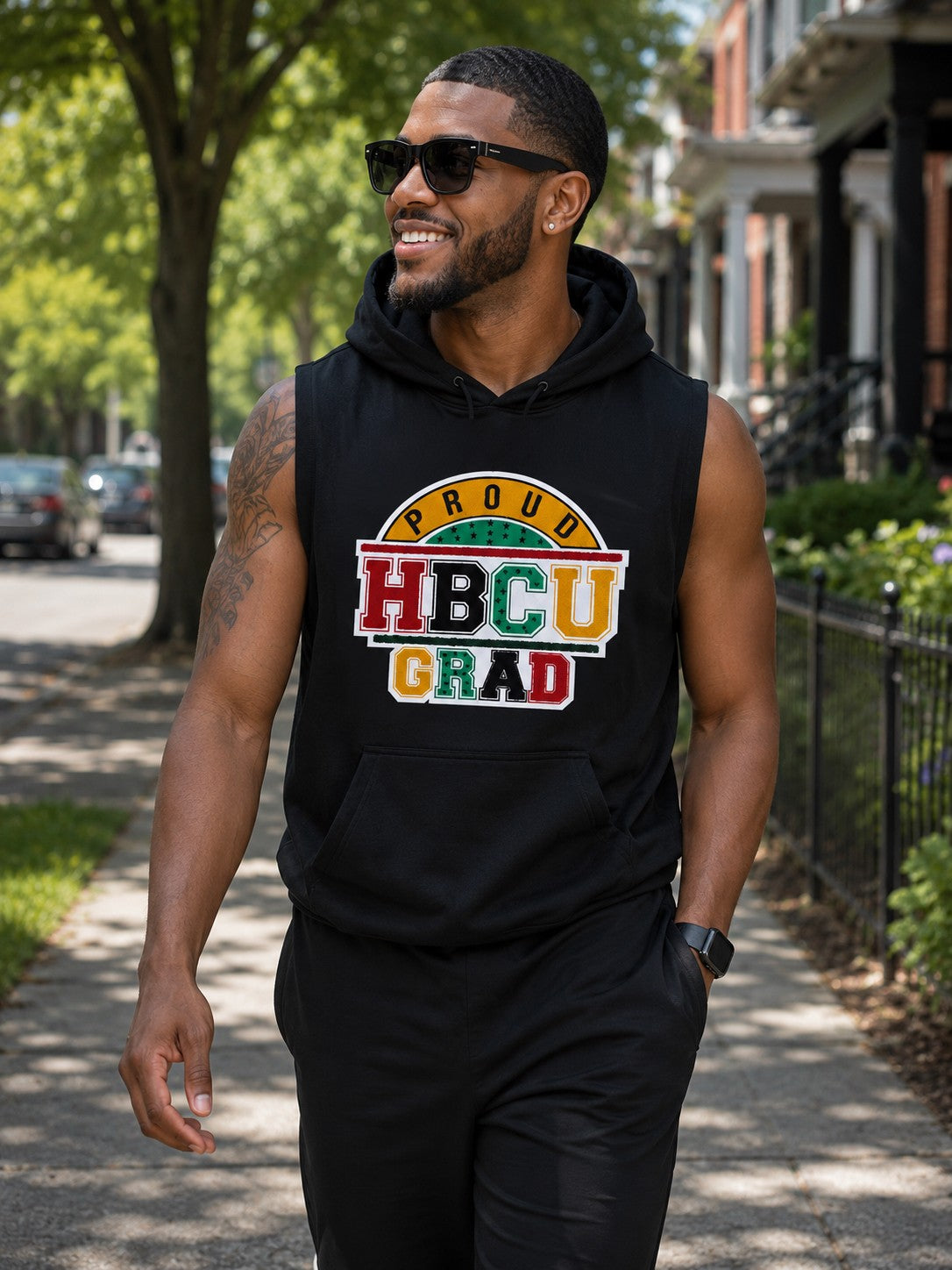 BLACK SLEEVELESS PROUD HBCU GRAD SLEEVELESS HOODIE (Unisex)