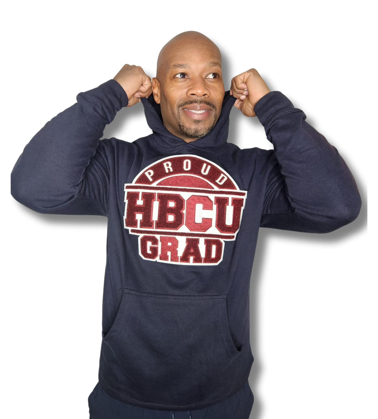 "Proud HBCU Grad navy blue hoodie with a maroon and white hand-stitched chenille patch, celebrating HBCU alumni pride." SOUTH CAROLINA STATE UNIVERSITY HOODIE