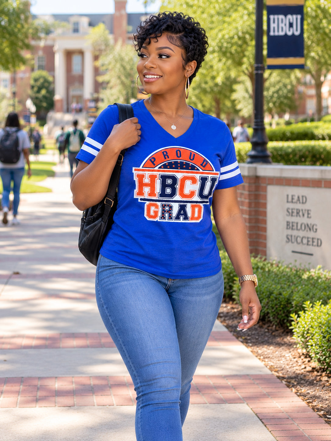 Women's Football Blue &amp; Orange V-Neck Fine Chenille Jersey Tee
