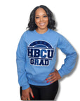 "Proud HBCU Grad sweater in North Carolina blue with a royal blue and white hand-stitched chenille patch, celebrating HBCU alumni pride."