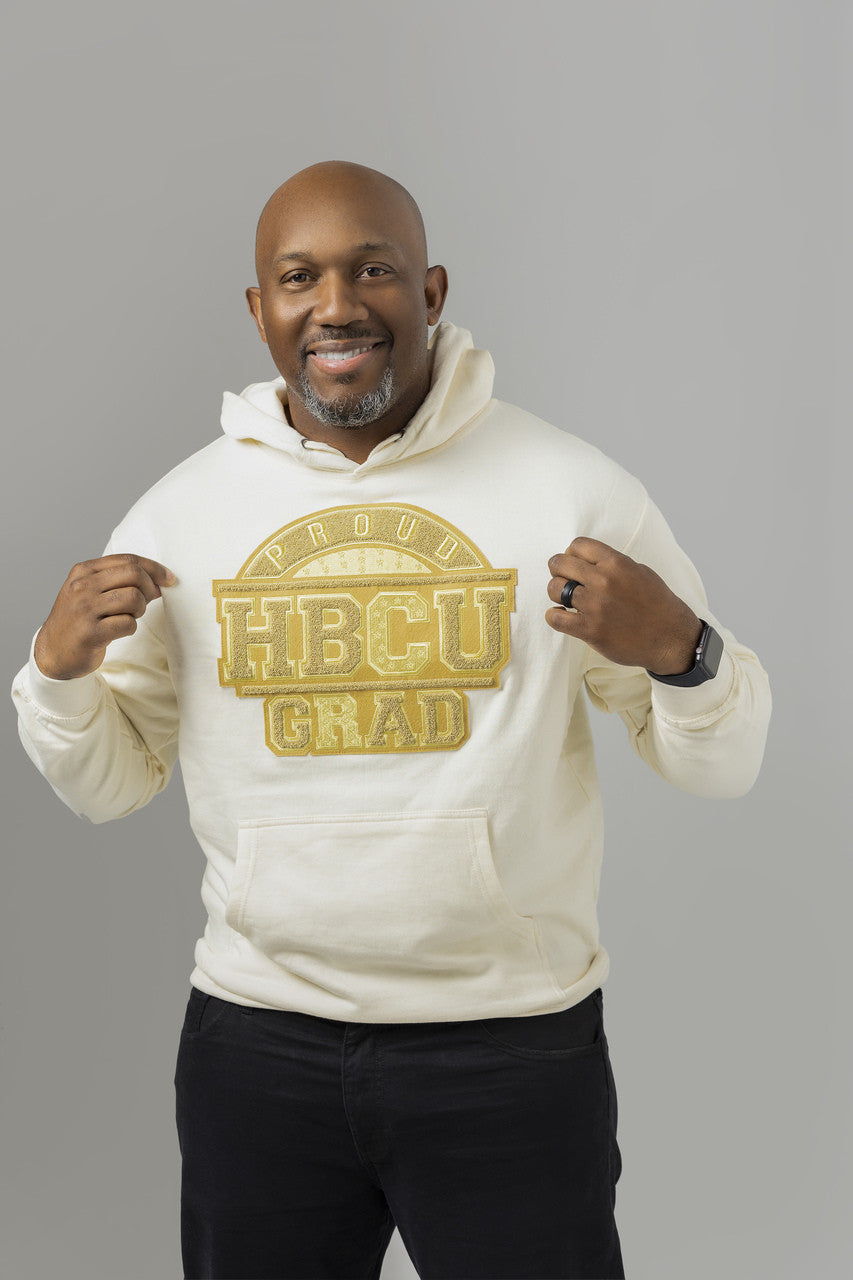 Cream and gold hoodie PROUD HBCU hoodie. Unisex fit. Patch hand stitched.