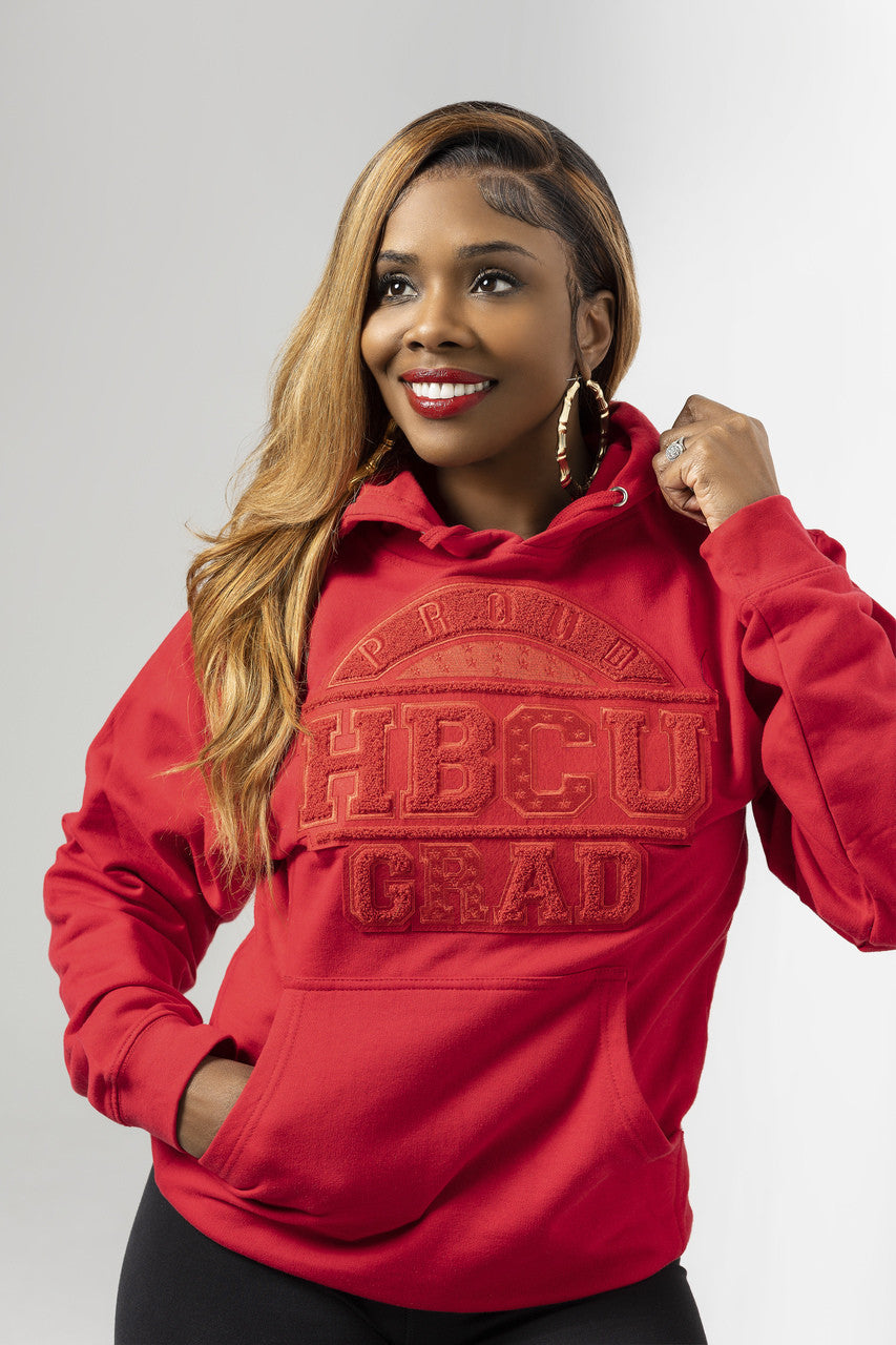 All RED hoodie PROUD HBCU hoodie. Unisex fit. Patch hand stitched.